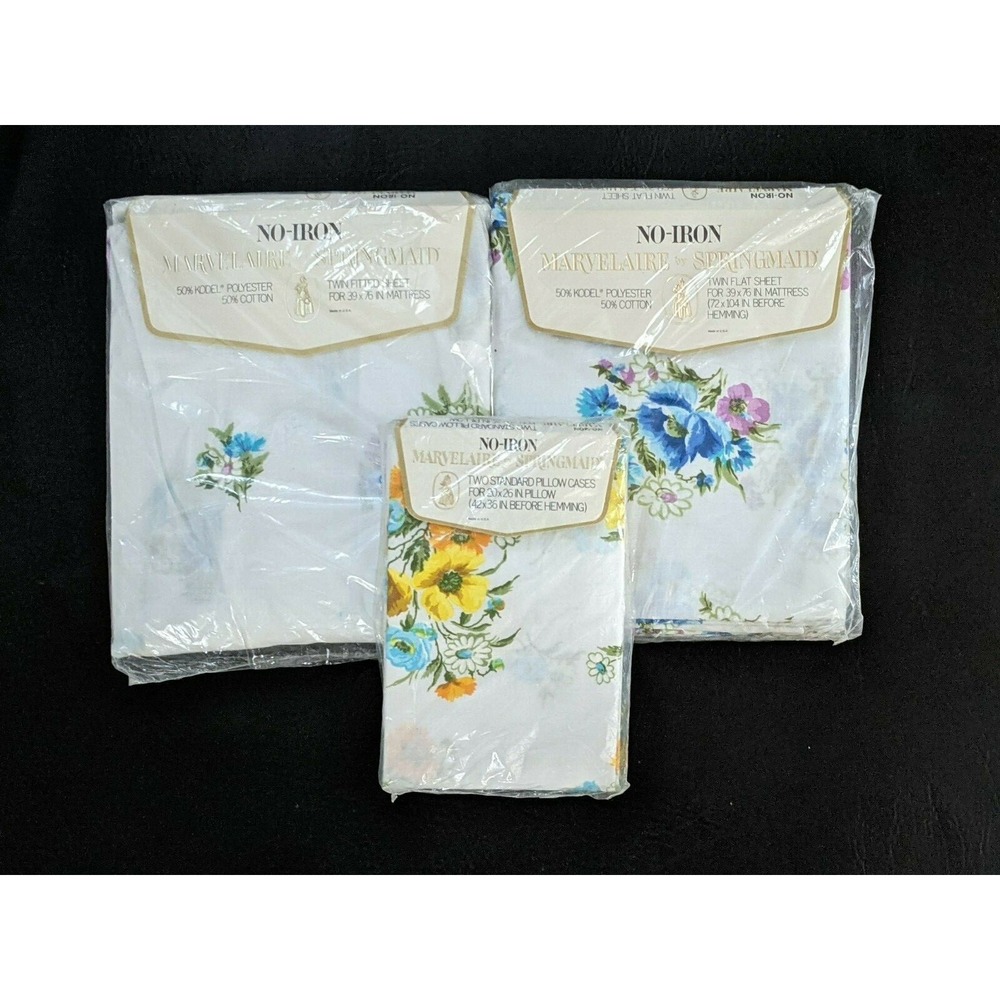 Springmaid Marvelaire Prairie Flowers Twin Sheet Set Flat Fitted 2 Cases NEW